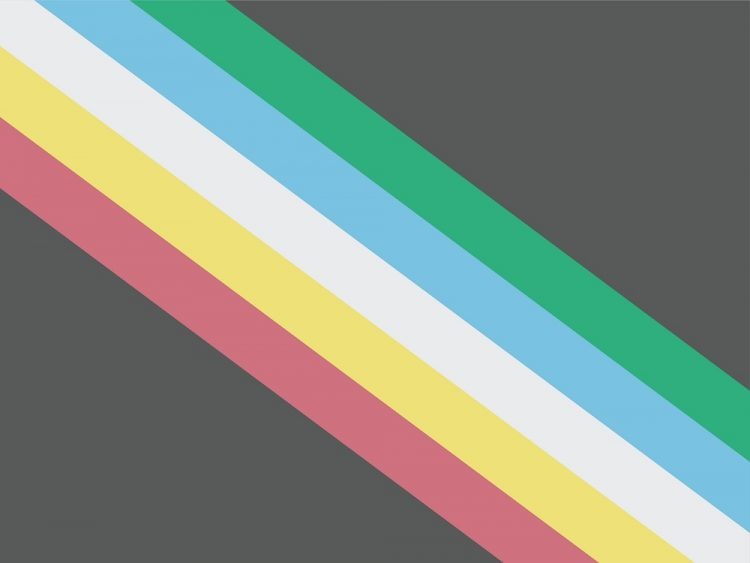 A flag with diagonal rainbow strips against a charcoal grey background