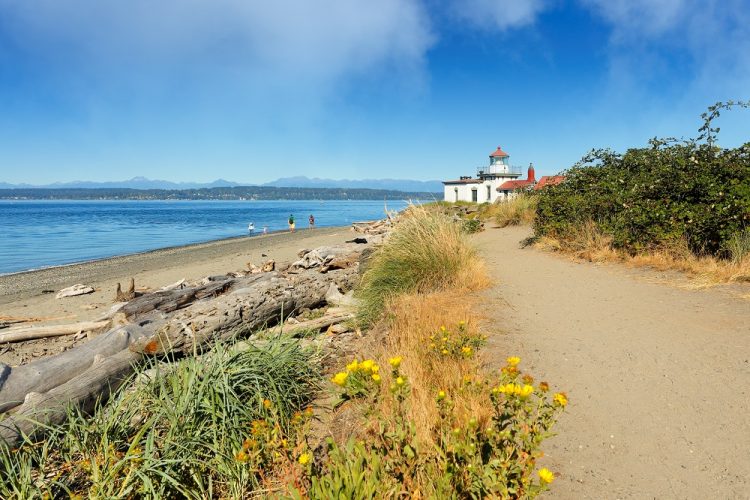 A beach trail leads to a white lighthouse looking out to a bay and mountains in the distance.
