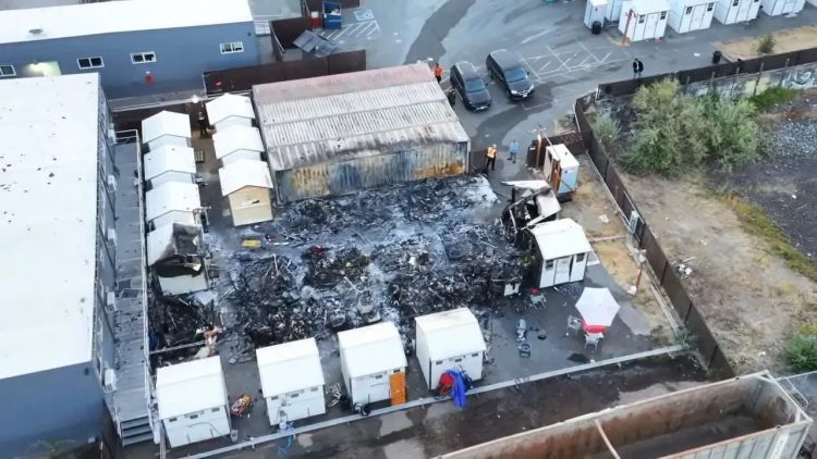 Overhead view of a tiny house village destroyed by fire