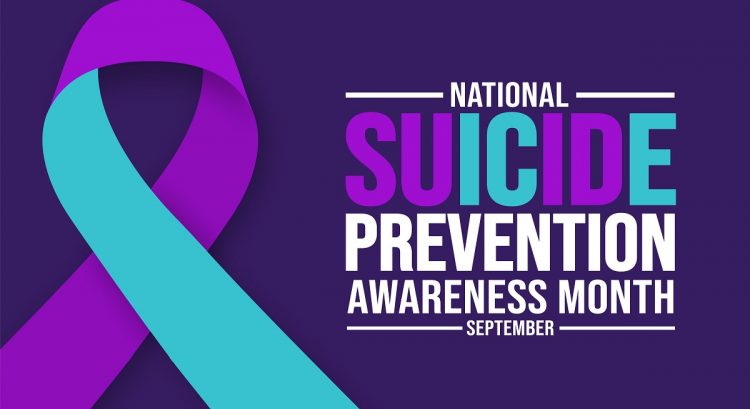 a blue and purple ribbon with "Suicide Prevention Awareness Month"