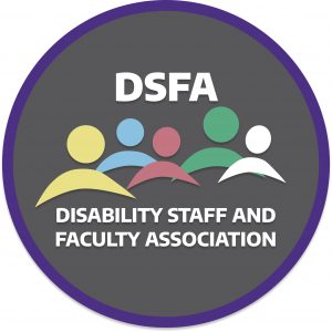 Disability Staff and Faculty Association logo. Dark gray circle with colorful people images.